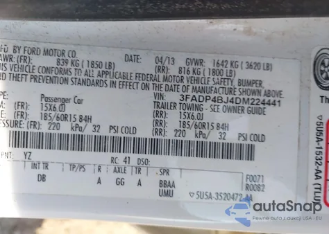 2013 Ford Fiesta Se z USA, uszkodzony, nr VIN 3FADP4BJ4DM224441